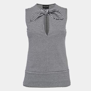 Pre Owned Giorgio Armani Navy Blue/White Stripe Knit Tie-Up Neck Top M