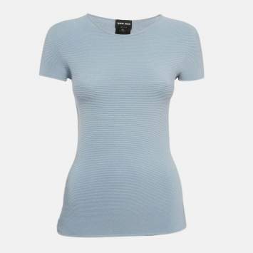 Pre Owned Giorgio Armani Blue Stripe Textured Jersey Short Sleeve Top M