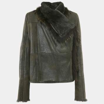 Pre Owned Meteo Khaki Green Rabbit Leather and Fur Jacket S