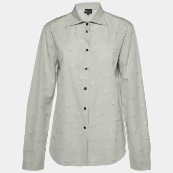 Pre Owned Giorgio Armani Grey Dog Pattern Dobby Cotton Button Front Shirt L