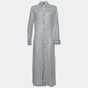 Pre Owned Giorgio Armani Navy Blue/White Linen and Cotton Knit Long Shirt Dress M