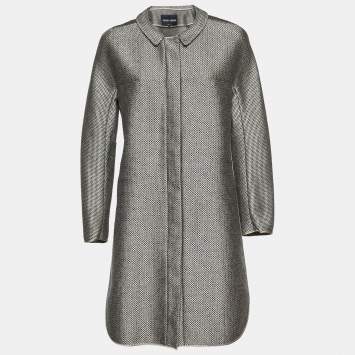 Pre Owned Giorgio Armani Grey/Black Basket Weave Zip-Up Overcoat M