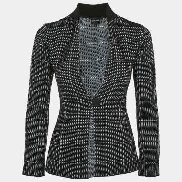 Pre Owned Giorgio Armani Black/Blue Textured Knit Button Front Cardigan S