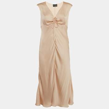 Pre Owned Giorgio Armani Pink Satin Silk Ruche Neck Midi Dress L