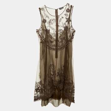 مملوكة مسبقًا Giorgio Armani Vintage Brown Embroidered Lace Mini Dress M