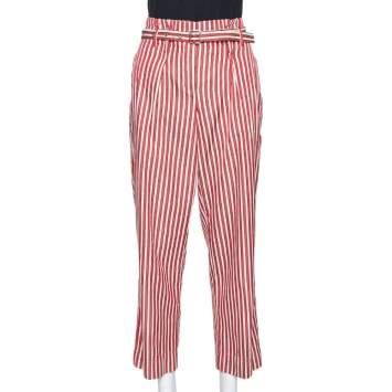 Pre Owned Giorgio Armani Red Striped Silk Blend High Waisted Cropped Trousers S