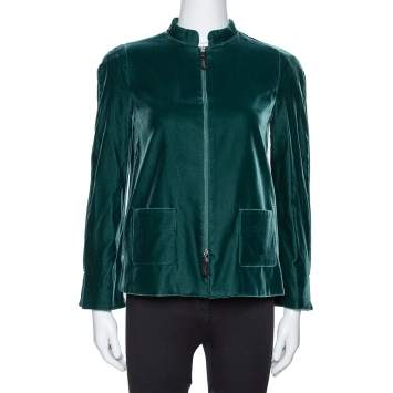 Pre Owned Giorgio Armani Emerald Green Velvet Zip Front Jacket S