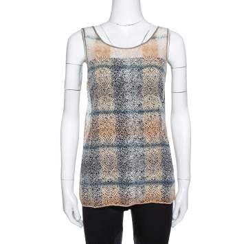 Pre Owned Giorgio Armani Cream Embroidered Lace Sleeveless Top L