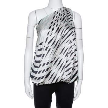 Pre Owned Giorgio Armani Light Grey Printed Silk Draped One-Shoulder Top M