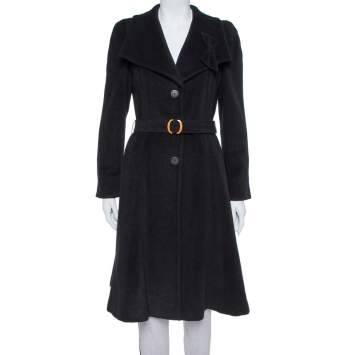 Pre Owned Giorgio Armani Black Rabbit Hair and Wool Blend Bow Detail Coat S