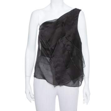 Pre Owned Giorgio Armani Black Silk Organza Pleated One Shoulder Top L