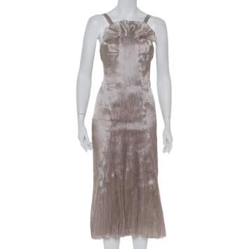 Pre Owned Giorgio Armani Beige Pleated Front Detail Sleeveless Midi Dress S