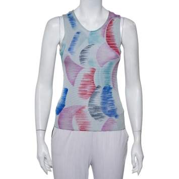 Pre Owned Giorgio Armani Grey Watercolor Printed Perforated Knit Tank Top XS