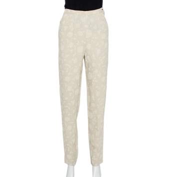 Pre Owned Giorgio Armani Cream Floral Jacquard Tapered Vintage Trousers XS