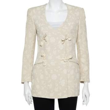 Pre Owned Giorgio Armani Cream Floral Jacquard Tie Detail Vintage Blazer XS