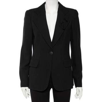 Pre Owned Giorgio Armani Black Textured Wool Bow Detail Button Front Blazer L