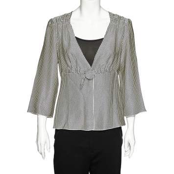 Pre Owned Giorgio Armani White Polka Dotted Silk Satin Gathered Blouse L