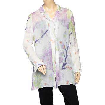 Pre Owned Giorgio Armani White Printed Silk Chiffon Single Button Shirt L
