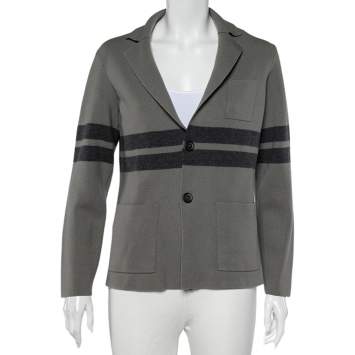 Pre Owned Giorgio Armani Grey Wool Stripe Detailed Button Front Cardigan XL