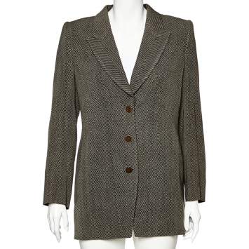 Pre Owned Giorgio Armani Brown Printed Wool & Silk Button Front Blazer L