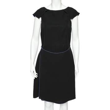 Pre Owned Giorgio Armani Black Silk Crepe Contrast Trimmed Wrap Detailed Dress M