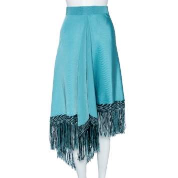 Pre Owned Giorgio Armani Blue Knit Asymmetric Fringed Skirt S