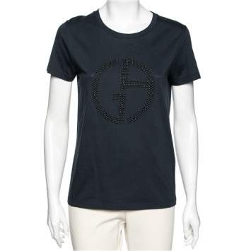 Pre Owned Giorgio Armani Navy Blue Logo Embellished Cotton T-Shirt M