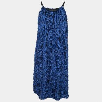 Pre Owned Giorgio Armani Blue Floral Applique Tulle Shift Dress S