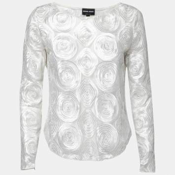 Pre Owned Giorgio Armani White Embroidered Tulle Long Sleeve Top M