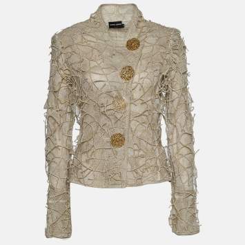 Pre Owned Giorgio Armani Cream Perforated Knit Applique Detail Buttoned Jacket M