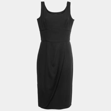 Pre Owned Giorgio Armani Black Wool Crepe Tulip Draped Sleeveless Dress L
