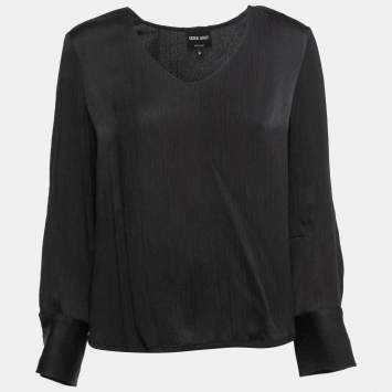 Pre Owned Giorgio Armani Black Crepe V Neck Long Sleeve Top M