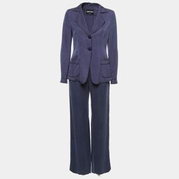 Pre Owned Giorgio Armani Navy Blue Textured Silk Blend Blazer and Trouser Set S