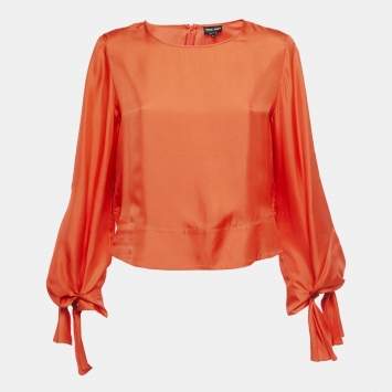 Pre Owned Giorgio Armani Orange Silk Tie Sleeve Detail Blouse S