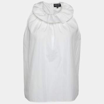 Pre Owned Giorgio Armani White Cotton Ruffle Neck Sleeveless Top S