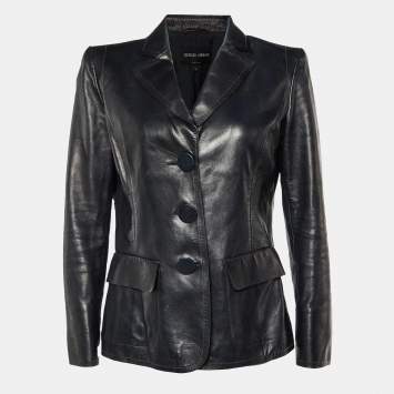 Pre Owned Giorgio Armani Black Leather Blazer Jacket M