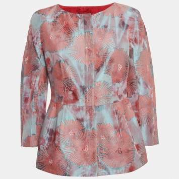 Pre Owned Giorgio Armani Pink Jacquard Zip Front Peplum Top M