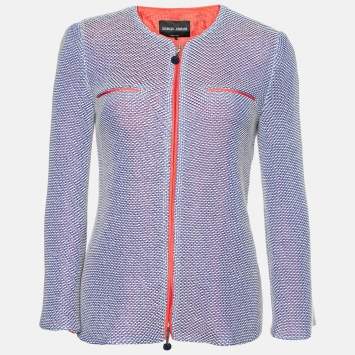 Pre Owned Giorgio Armani Blue/White Textured Cotton Zip Up Jacket M
