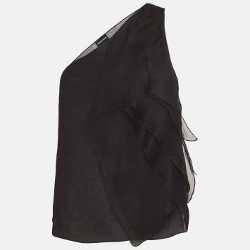 Pre Owned Giorgio Armani Black Silk Organza Pleated One Shoulder Top S