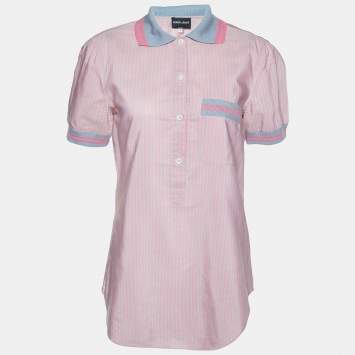 Pre Owned Giorgio Armani Pink Stripe Poplin Half Placket Shirt M