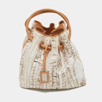 Pre Owned Giorgio Armani White/Brown Print Canvas and Leather Pleated Ring Handle Hobo