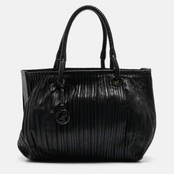 Pre Owned Giorgio Armani Black Pleated Leather Tote