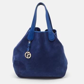 Pre Owned Giorgio Armani Blue Suede and Leather Shopper Tote