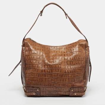 Pre Owned Giorgio Armani Brown Croc Embossed Leather Hobo