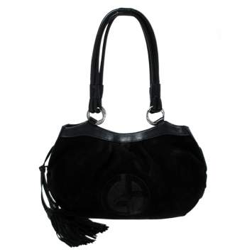 Pre Owned Giorgio Armani Black Suede and Leather Tassel Shoulder Bag