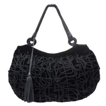 Pre Owned Giorgio Armani Black Velvet and Leather Tassel Satchel