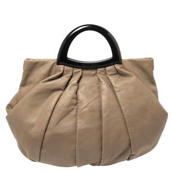 Pre Owned Giorgio Armani Taupe Leather Pleated Top Handle Bag