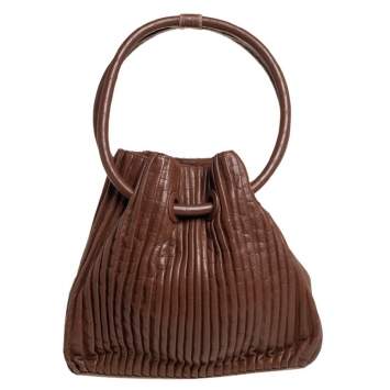 Pre Owned Giorgio Armani Brown Pleated Leather Ring Handle Tote