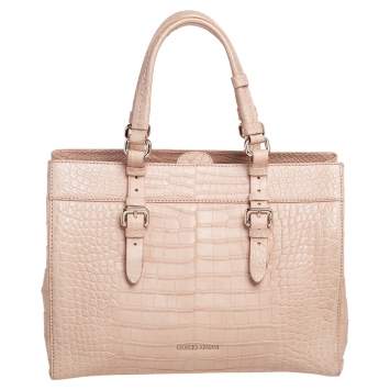 Pre Owned Giorgio Armani Beige Croc Embossed Leather Tote