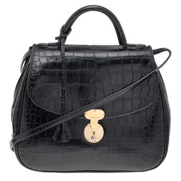 Pre Owned Giorgio Armani Black Croc Embossed Leather Top Handle Bag